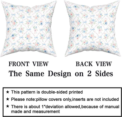 Pink and Blue Floral Throw Pillow Covers 18x18 Inch Set of 2 Coquette Bow Pillow Case, Preppy Room Girly Bedroom Bow Room Decor