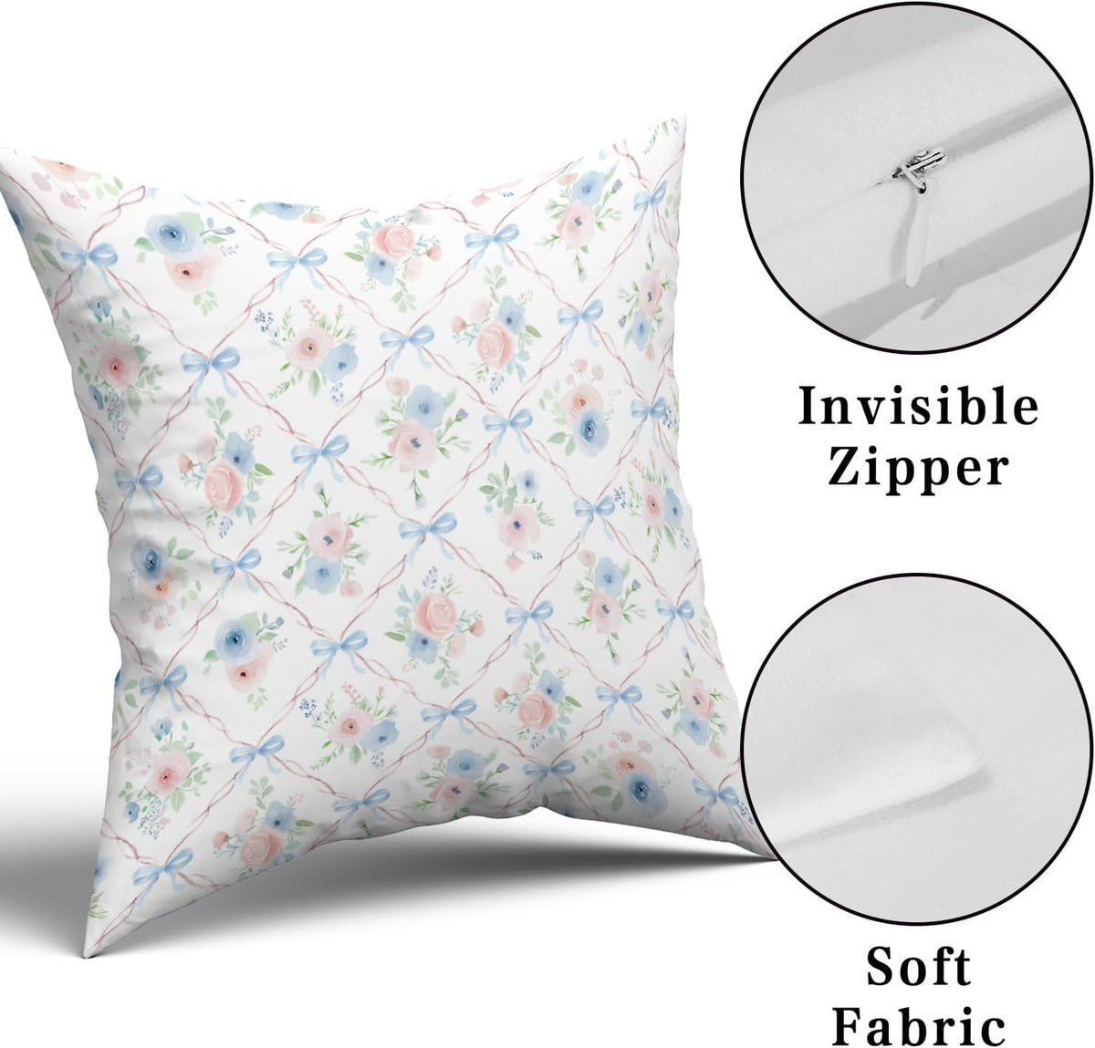 Pink and Blue Floral Throw Pillow Covers 18x18 Inch Set of 2 Coquette Bow Pillow Case, Preppy Room Girly Bedroom Bow Room Decor