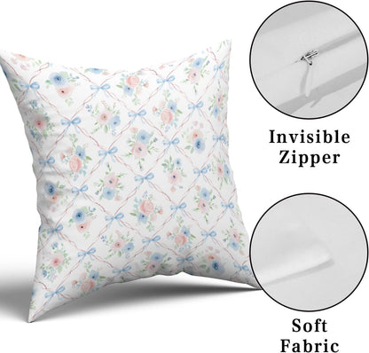 Pink and Blue Floral Throw Pillow Covers 18x18 Inch Set of 2 Coquette Bow Pillow Case, Preppy Room Girly Bedroom Bow Room Decor
