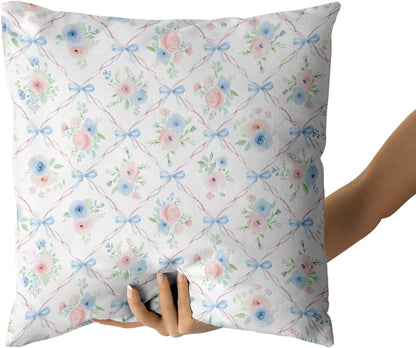 Pink and Blue Floral Throw Pillow Covers 18x18 Inch Set of 2 Coquette Bow Pillow Case, Preppy Room Girly Bedroom Bow Room Decor