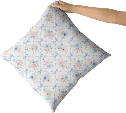 Pink and Blue Floral Throw Pillow Covers 18x18 Inch Set of 2 Coquette Bow Pillow Case, Preppy Room Girly Bedroom Bow Room Decor