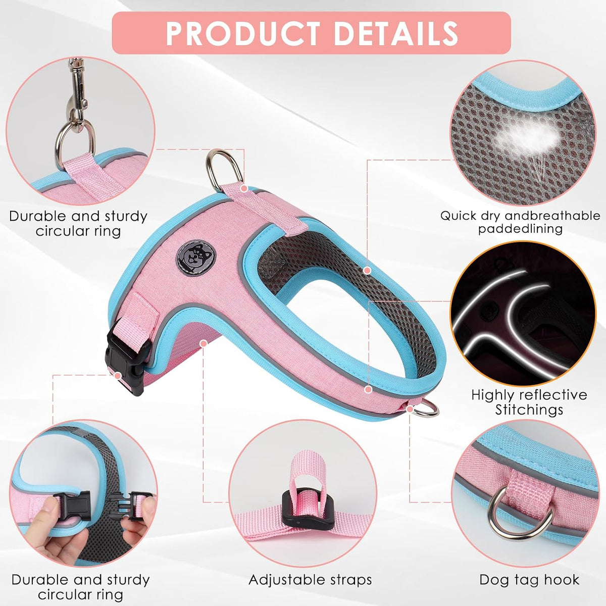 Dog Harness and Leash Set, No Pull Saddle Style Pet Harness, Breathable Mesh Adjustable Reflective Dog Vest for Medium Small Dogs Harness 2 D-Rings, Pink, XS
