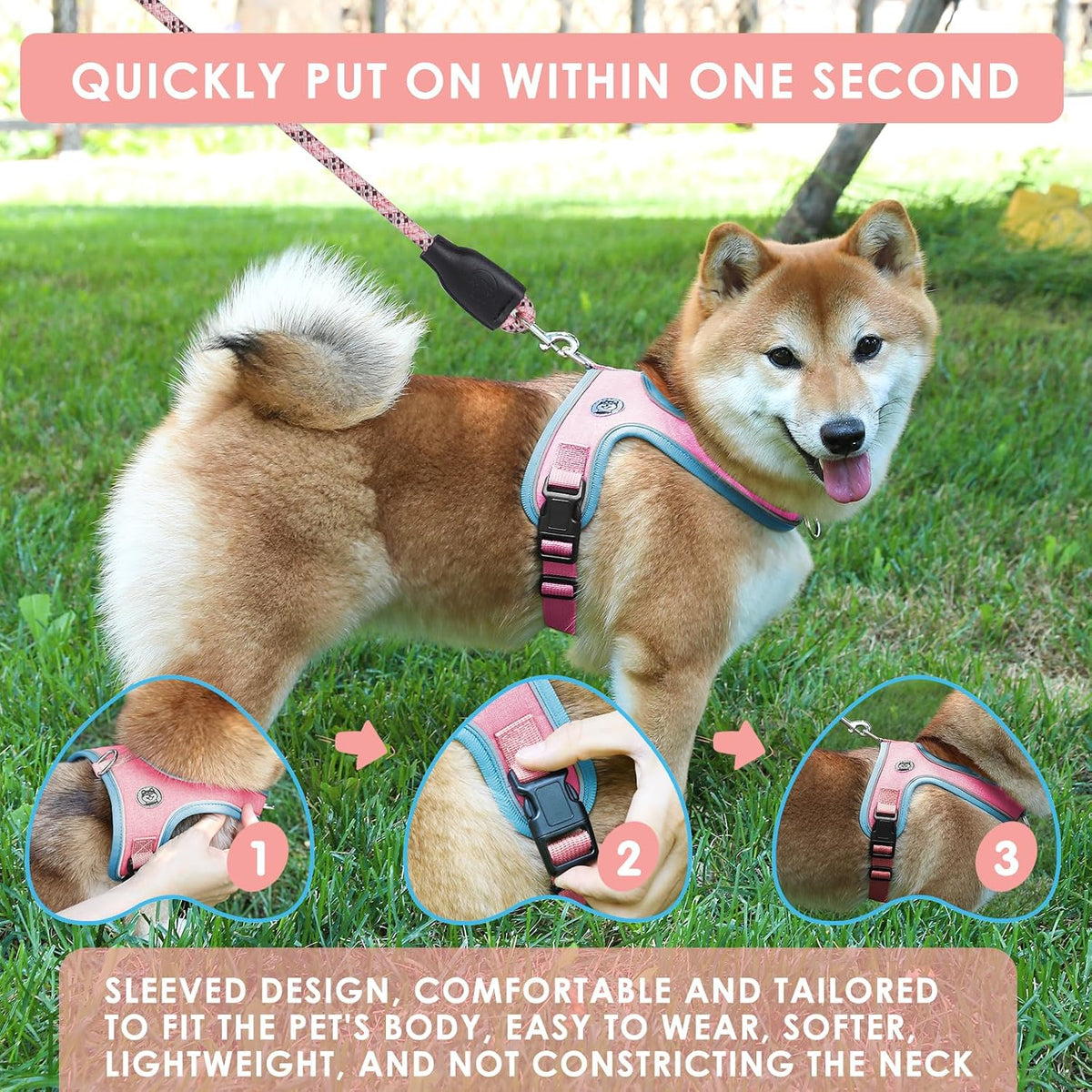 Dog Harness and Leash Set, No Pull Saddle Style Pet Harness, Breathable Mesh Adjustable Reflective Dog Vest for Medium Small Dogs Harness 2 D-Rings, Pink, XS
