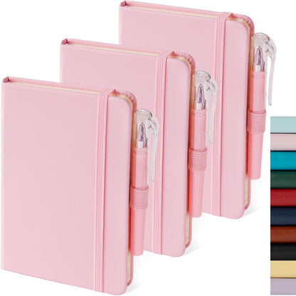 Small Notebook with Pen, 3 Pack Pocket Size Pink Journal Notebooks Bulk for Women Work Writing Note Taking, Small Lined Notepad for School