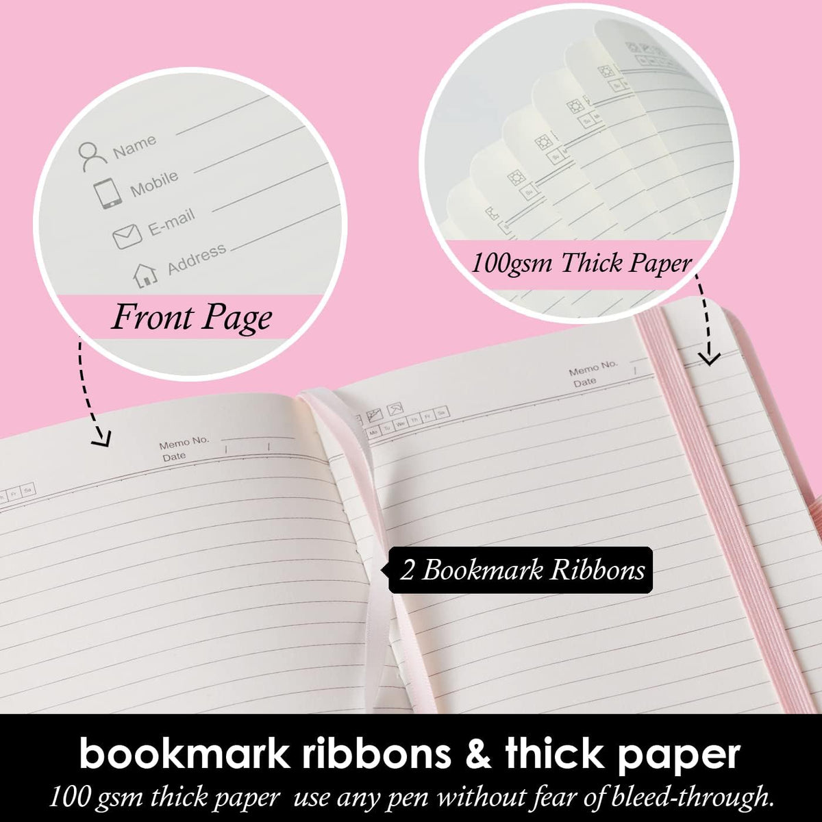 Small Notebook with Pen, 3 Pack Pocket Size Pink Journal Notebooks Bulk for Women Work Writing Note Taking, Small Lined Notepad for School