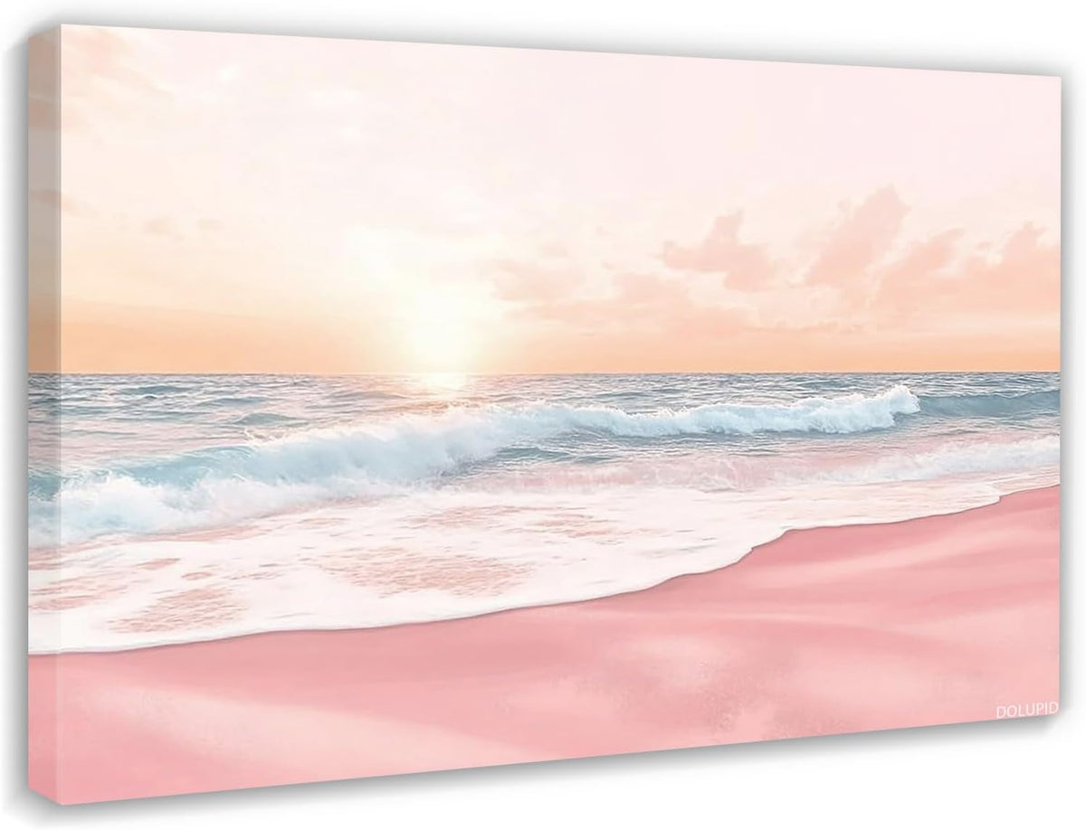 Pink Beach Coastal Landscape Art, Pastel Sunset Print Wall Art, Ocean Waves Painting, Beach Poster, Summer Coastal Wall Decor 8x10inch Ready to Hang Framed