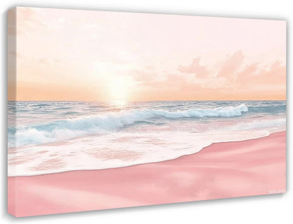 Pink Beach Coastal Landscape Art, Pastel Sunset Print Wall Art, Ocean Waves Painting, Beach Poster, Summer Coastal Wall Decor 8x10inch Ready to Hang Framed