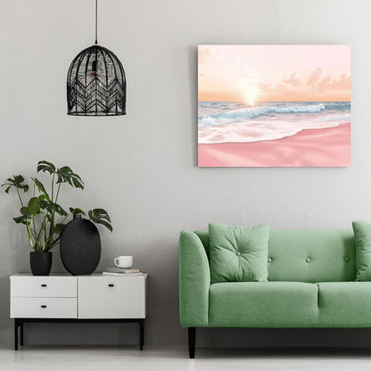 Pink Beach Coastal Landscape Art, Pastel Sunset Print Wall Art, Ocean Waves Painting, Beach Poster, Summer Coastal Wall Decor 8x10inch Ready to Hang Framed