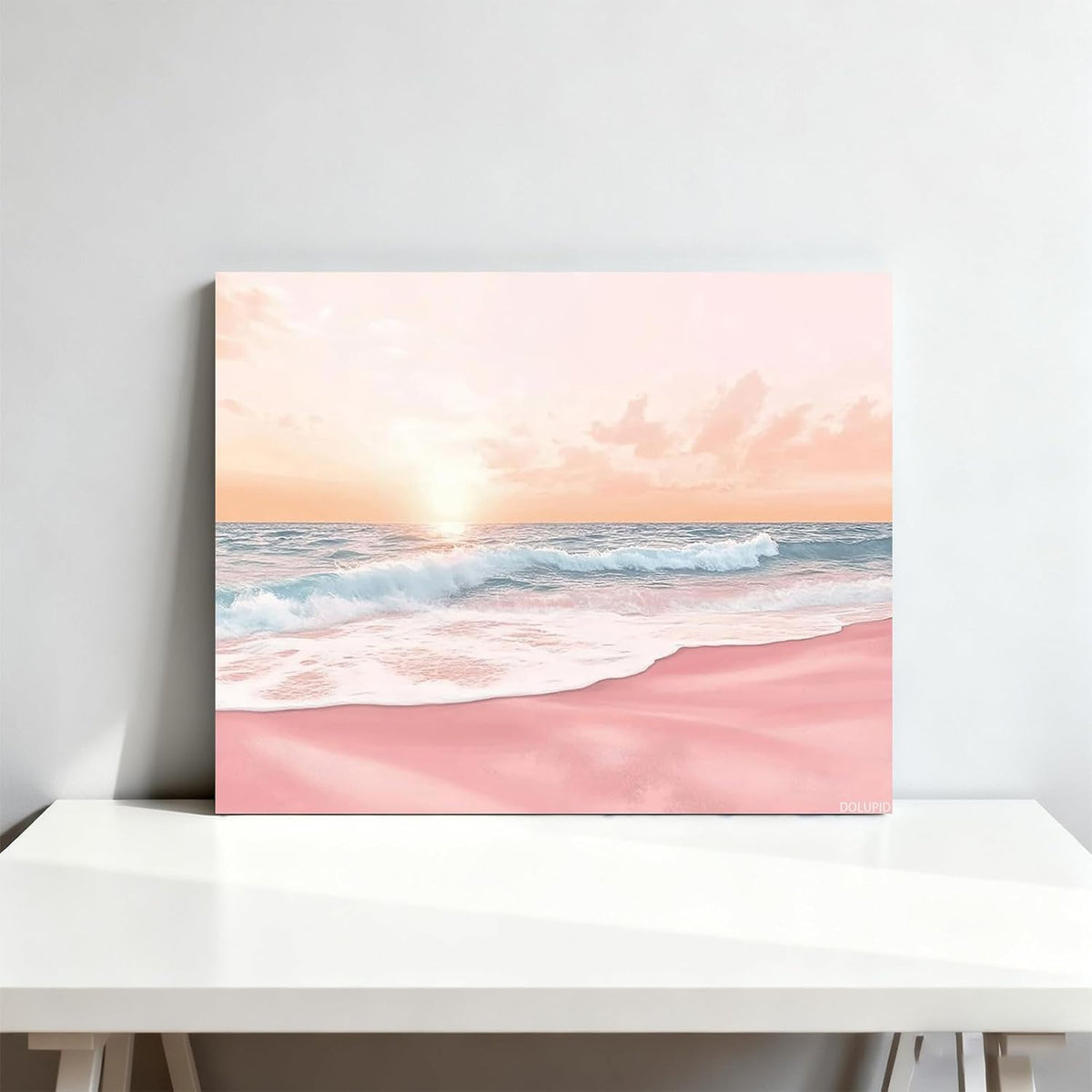 Pink Beach Coastal Landscape Art, Pastel Sunset Print Wall Art, Ocean Waves Painting, Beach Poster, Summer Coastal Wall Decor 8x10inch Ready to Hang Framed