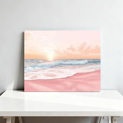 Pink Beach Coastal Landscape Art, Pastel Sunset Print Wall Art, Ocean Waves Painting, Beach Poster, Summer Coastal Wall Decor 8x10inch Ready to Hang Framed