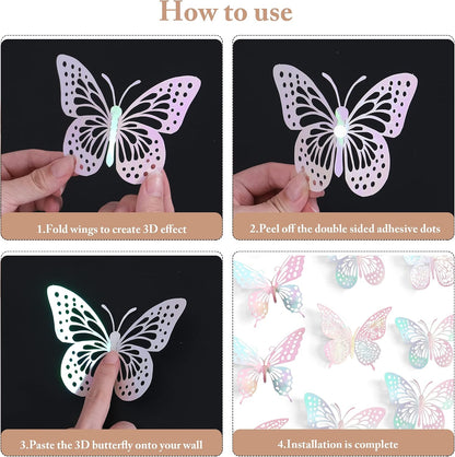 3D Butterfly Wall Decor 48 Pcs Laser Pink Butterfly Decorations