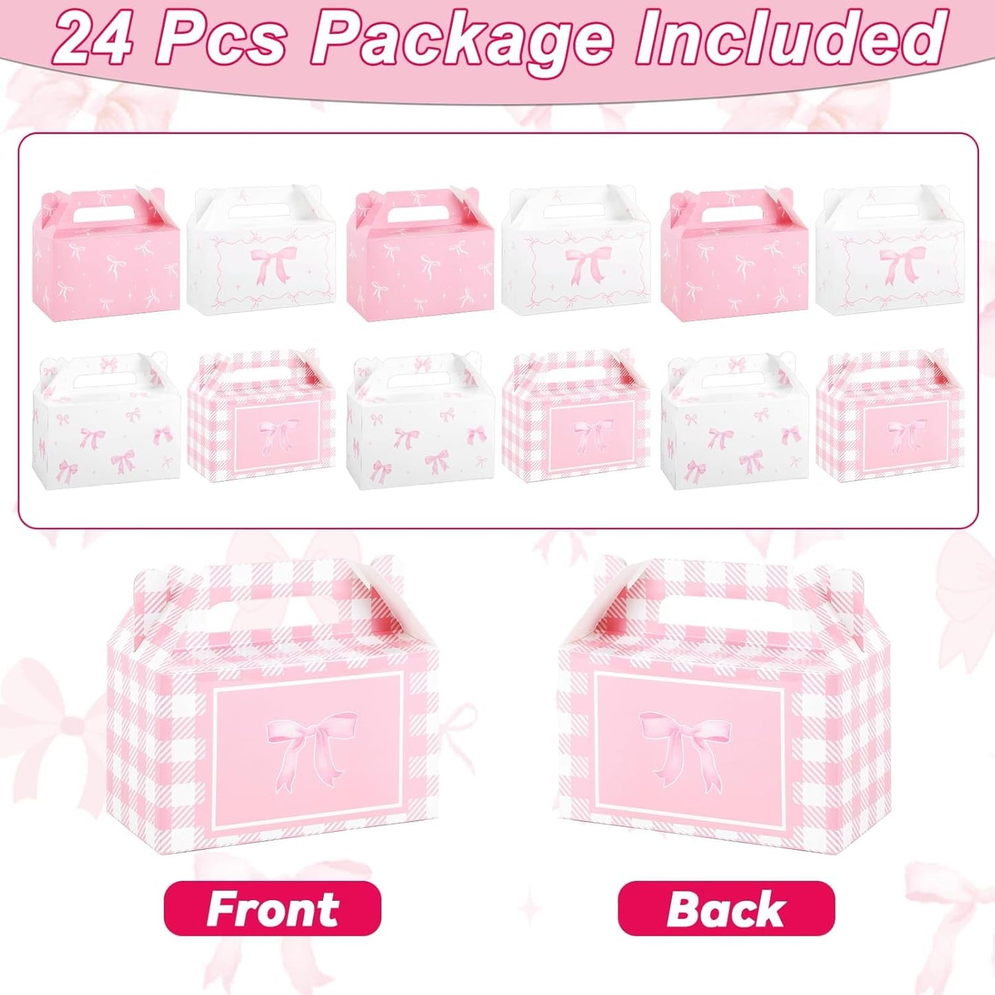 24 Pcs Pink Bow Treat Boxes Party Supplies Bow Party Favors Goodie Gift Boxes for Birthday Bachelorette Engagement Baby Shower Party Decoration Bow themed Treat Candy Box Home