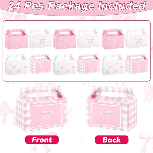 24 Pcs Pink Bow Treat Boxes Party Supplies Bow Party Favors Goodie Gift Boxes for Birthday Bachelorette Engagement Baby Shower Party Decoration Bow themed Treat Candy Box Home