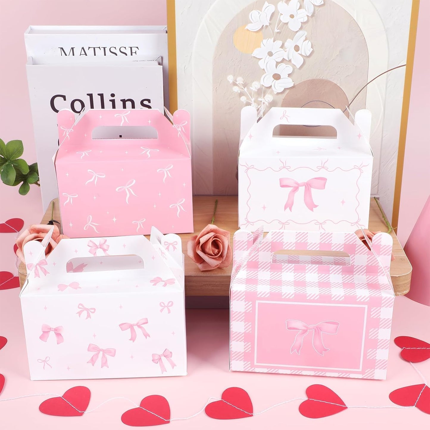 24 Pcs Pink Bow Treat Boxes Party Supplies Bow Party Favors Goodie Gift Boxes for Birthday Bachelorette Engagement Baby Shower Party Decoration Bow themed Treat Candy Box Home
