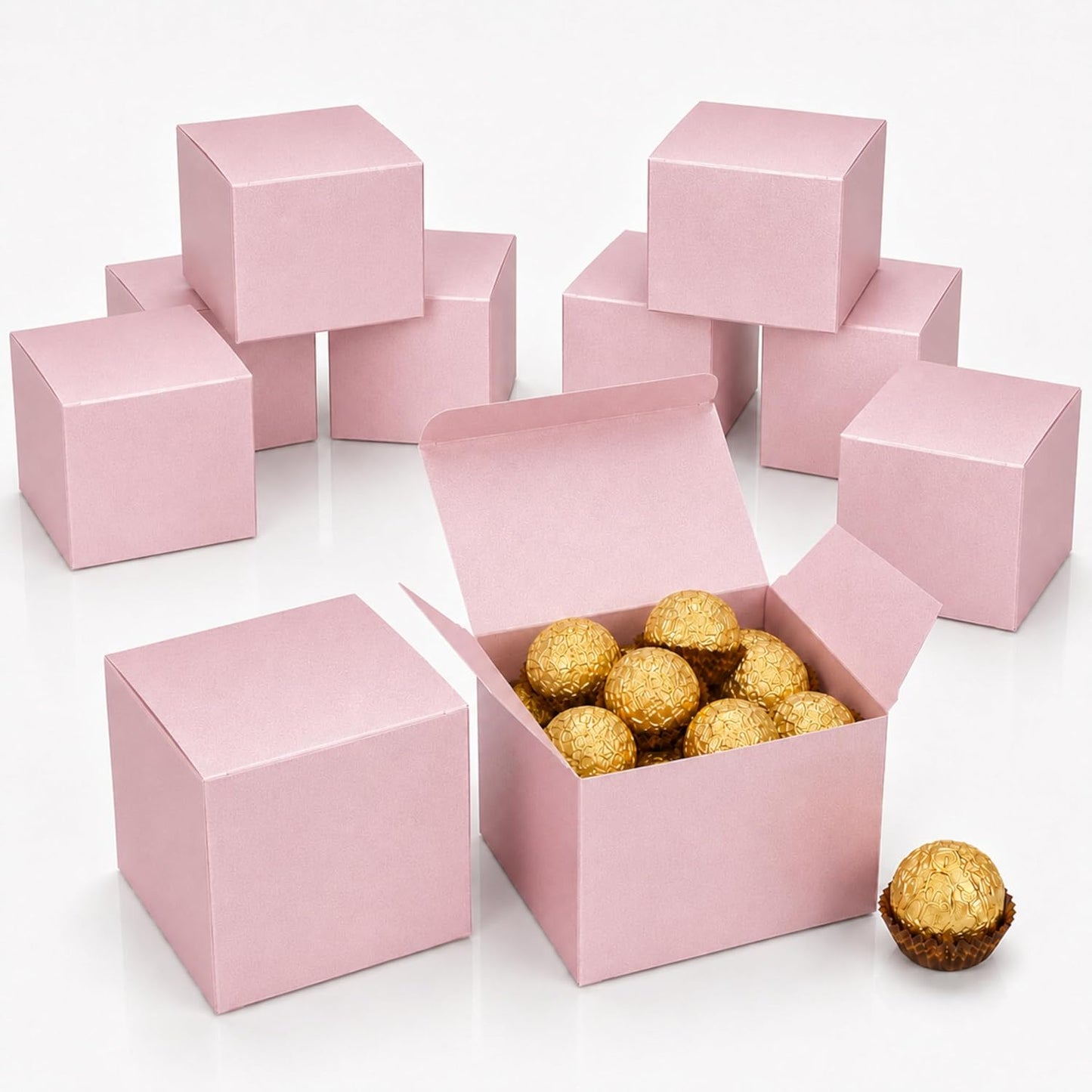 Quotidian Baby Pink Foldable Large Vintage Italian Pearlescent Paper Glitter Gift Boxes with Lids 4" x 4" x 4" (10 x 10 x 10cm) Pack of 12 - Cookie Bakery Candy Party Wedding Holiday