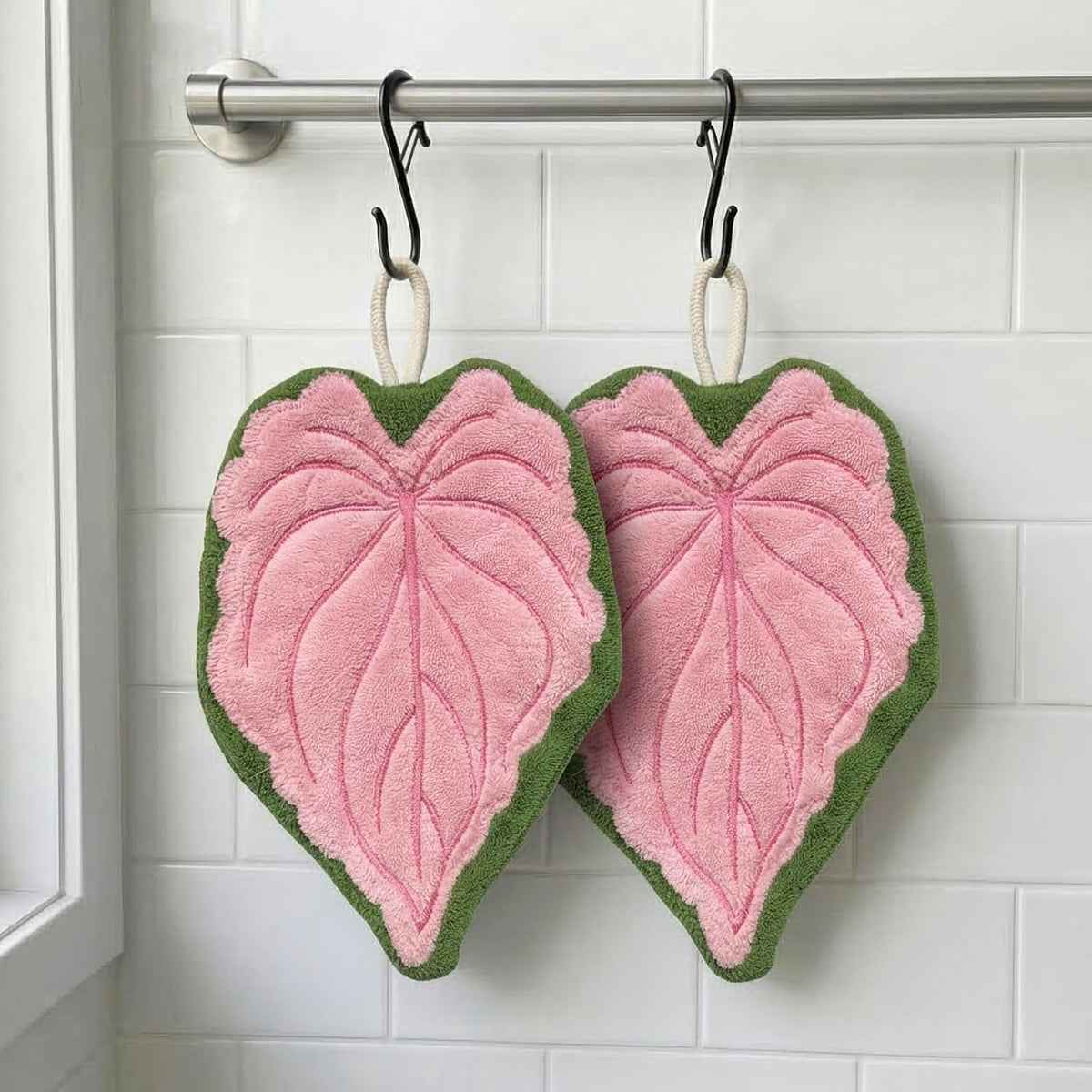 Leaf Hand Towel with Hanging Loop, 2 Pack Pink Absorbent Kitchen Towel