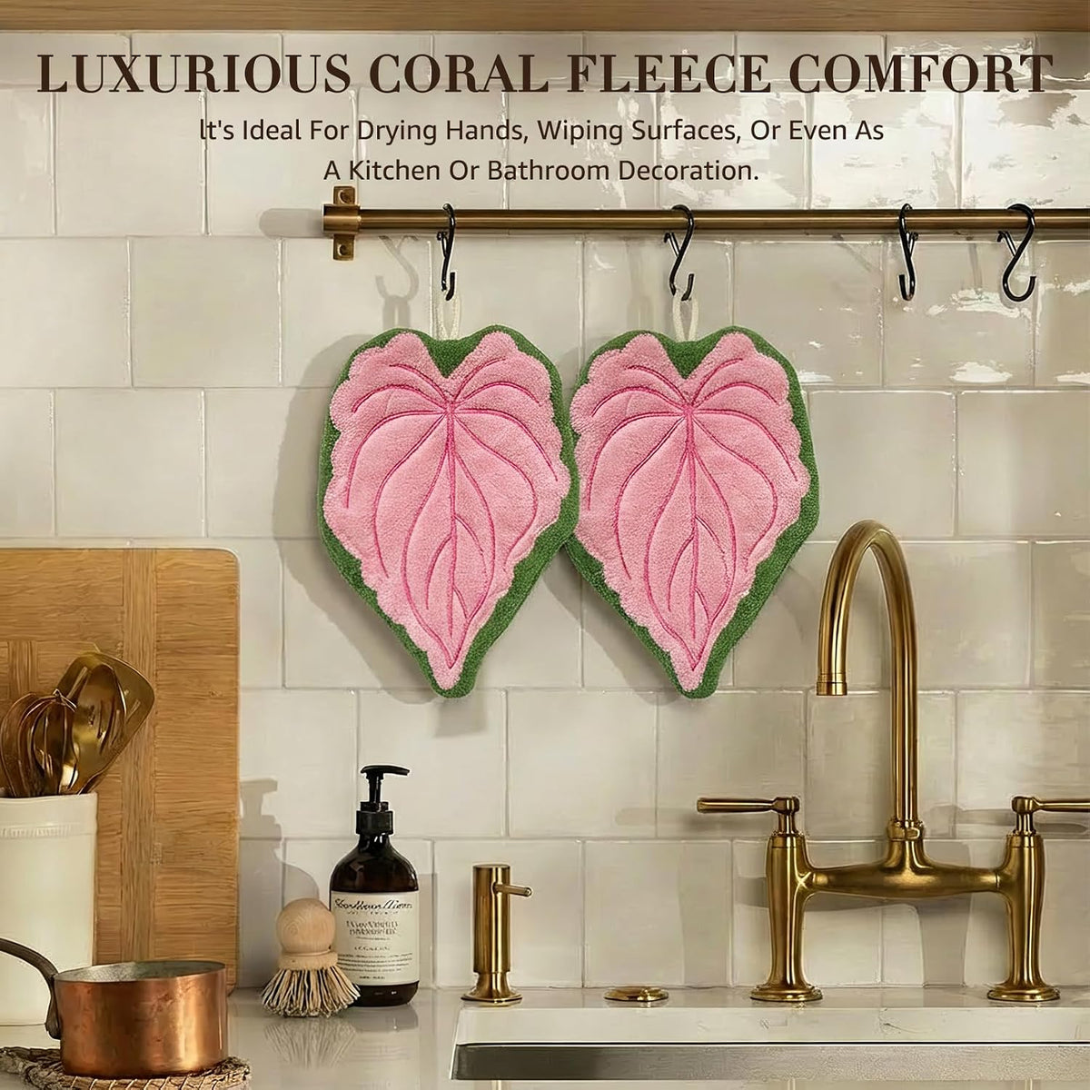 Leaf Hand Towel with Hanging Loop, 2 Pack Pink Absorbent Kitchen Towel