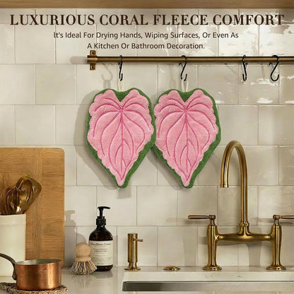 Leaf Hand Towel with Hanging Loop, 2 Pack Pink Absorbent Kitchen Towel
