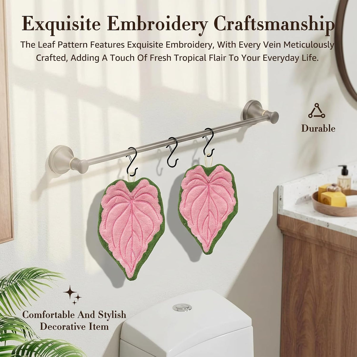 Leaf Hand Towel with Hanging Loop, 2 Pack Pink Absorbent Kitchen Towel