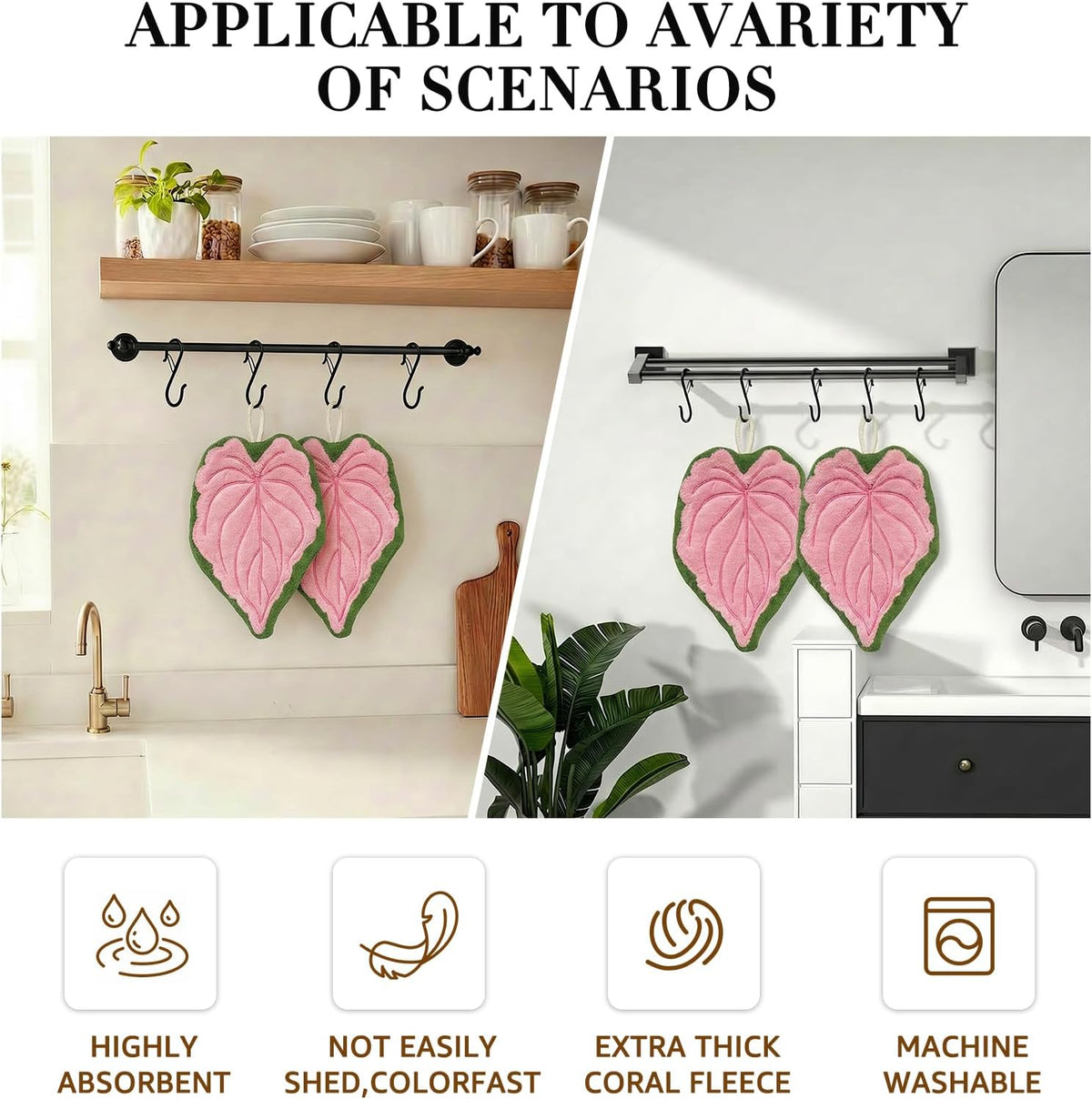 Leaf Hand Towel with Hanging Loop, 2 Pack Pink Absorbent Kitchen Towel