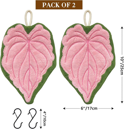 Leaf Hand Towel with Hanging Loop, 2 Pack Pink Absorbent Kitchen Towel