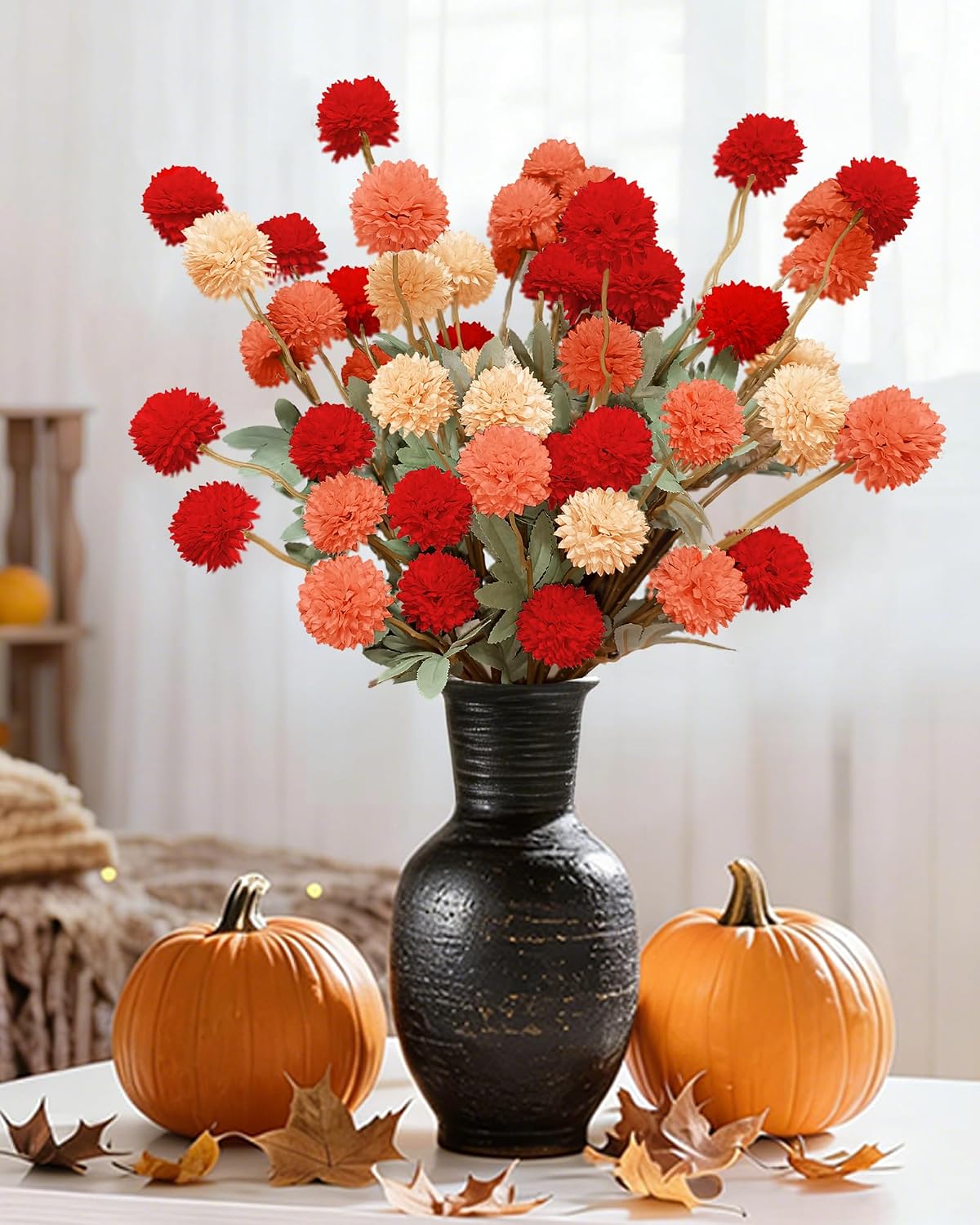 Faux Silk Mums Artificial Flowers, 8Pcs Fall Fake Kiku Small Mini Chrysanthemum Pom Pom Stems for DIY Bouquets Centerpieces Vase Autumn Home Decorations Floral Arrangement