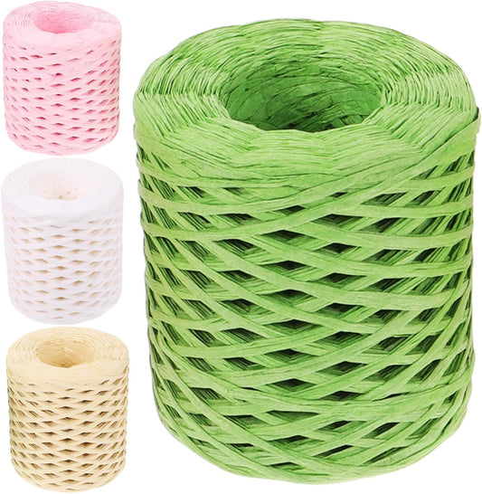 4 Rolls Raffia Ribbon Twine Wrapping Ribbon Set, Natural Colors (White Wind, Grass, Millet, Peach), DIY Craft Accessory for Christmas and Party Packing Supplies