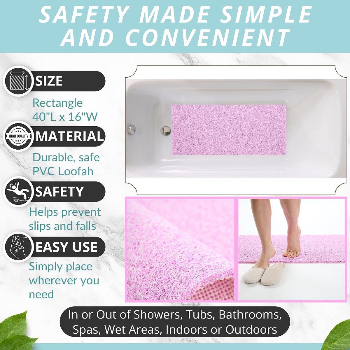 Non Slip Bathtub Mat Shower Mat for Tub - Loofah Bath Mats for Bathroom - 40x16 Bathtub Floor Mat - Textured Anti Slip Bath Mat Without Suction Cups - Secure Mat for Wet Areas (40x16 Pink)
