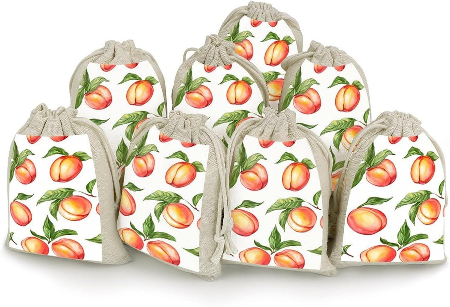 Peaches with Leaves 8 Pcs Drawstring Bags Candy Goodie Party Favors Bags Pouch