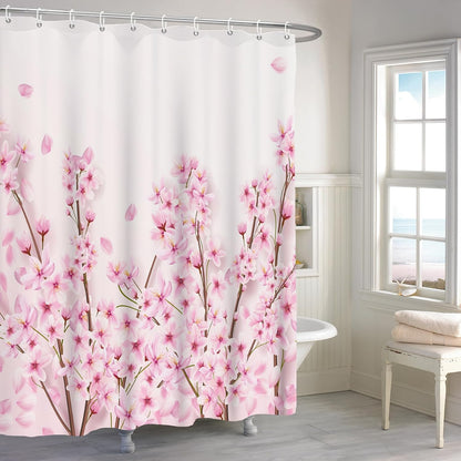 72x72 Inches Pink Cherry Blossom Shower Curtain Spring Pink Peach Floral Branches with Flower Buds Fabric Bath Shower Curtains for Bathroom Decor Waterproof Polyester with Hooks