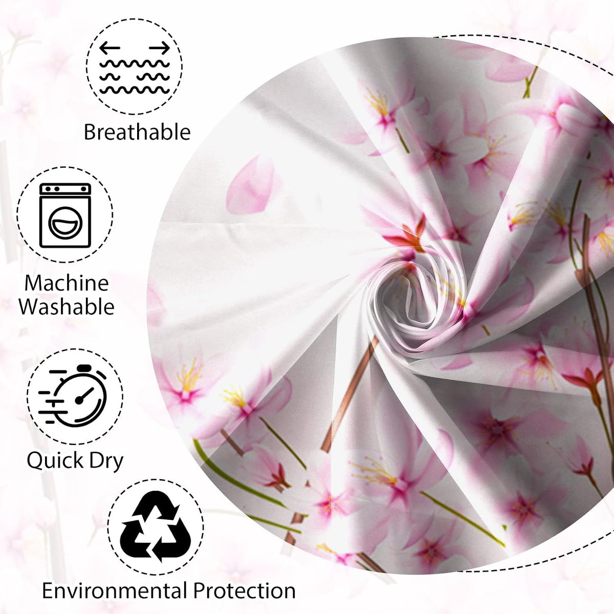 72x72 Inches Pink Cherry Blossom Shower Curtain Spring Pink Peach Floral Branches with Flower Buds Fabric Bath Shower Curtains for Bathroom Decor Waterproof Polyester with Hooks