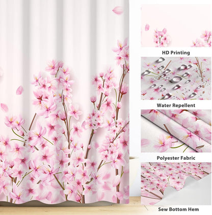 72x72 Inches Pink Cherry Blossom Shower Curtain Spring Pink Peach Floral Branches with Flower Buds Fabric Bath Shower Curtains for Bathroom Decor Waterproof Polyester with Hooks