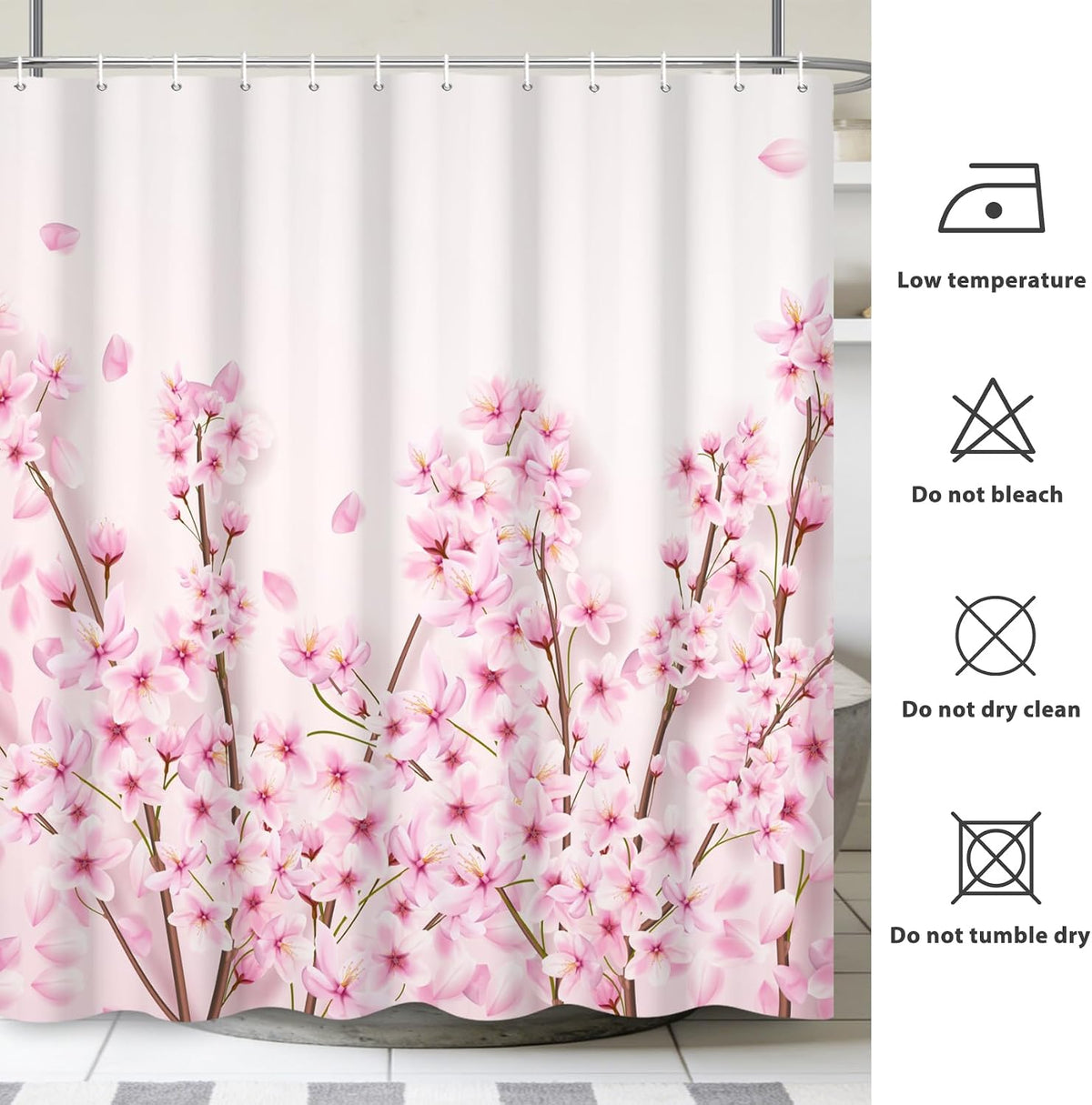 72x72 Inches Pink Cherry Blossom Shower Curtain Spring Pink Peach Floral Branches with Flower Buds Fabric Bath Shower Curtains for Bathroom Decor Waterproof Polyester with Hooks