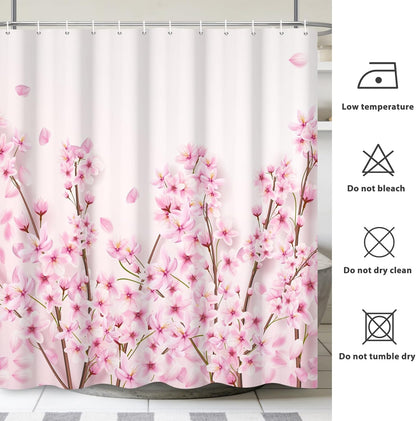 72x72 Inches Pink Cherry Blossom Shower Curtain Spring Pink Peach Floral Branches with Flower Buds Fabric Bath Shower Curtains for Bathroom Decor Waterproof Polyester with Hooks