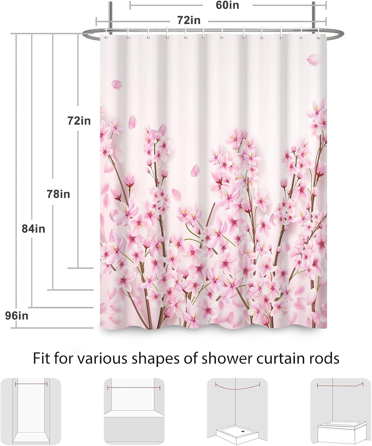 72x72 Inches Pink Cherry Blossom Shower Curtain Spring Pink Peach Floral Branches with Flower Buds Fabric Bath Shower Curtains for Bathroom Decor Waterproof Polyester with Hooks