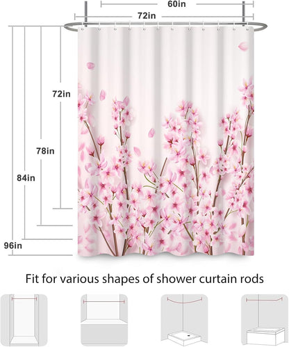 72x72 Inches Pink Cherry Blossom Shower Curtain Spring Pink Peach Floral Branches with Flower Buds Fabric Bath Shower Curtains for Bathroom Decor Waterproof Polyester with Hooks