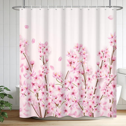 72x72 Inches Pink Cherry Blossom Shower Curtain Spring Pink Peach Floral Branches with Flower Buds Fabric Bath Shower Curtains for Bathroom Decor Waterproof Polyester with Hooks