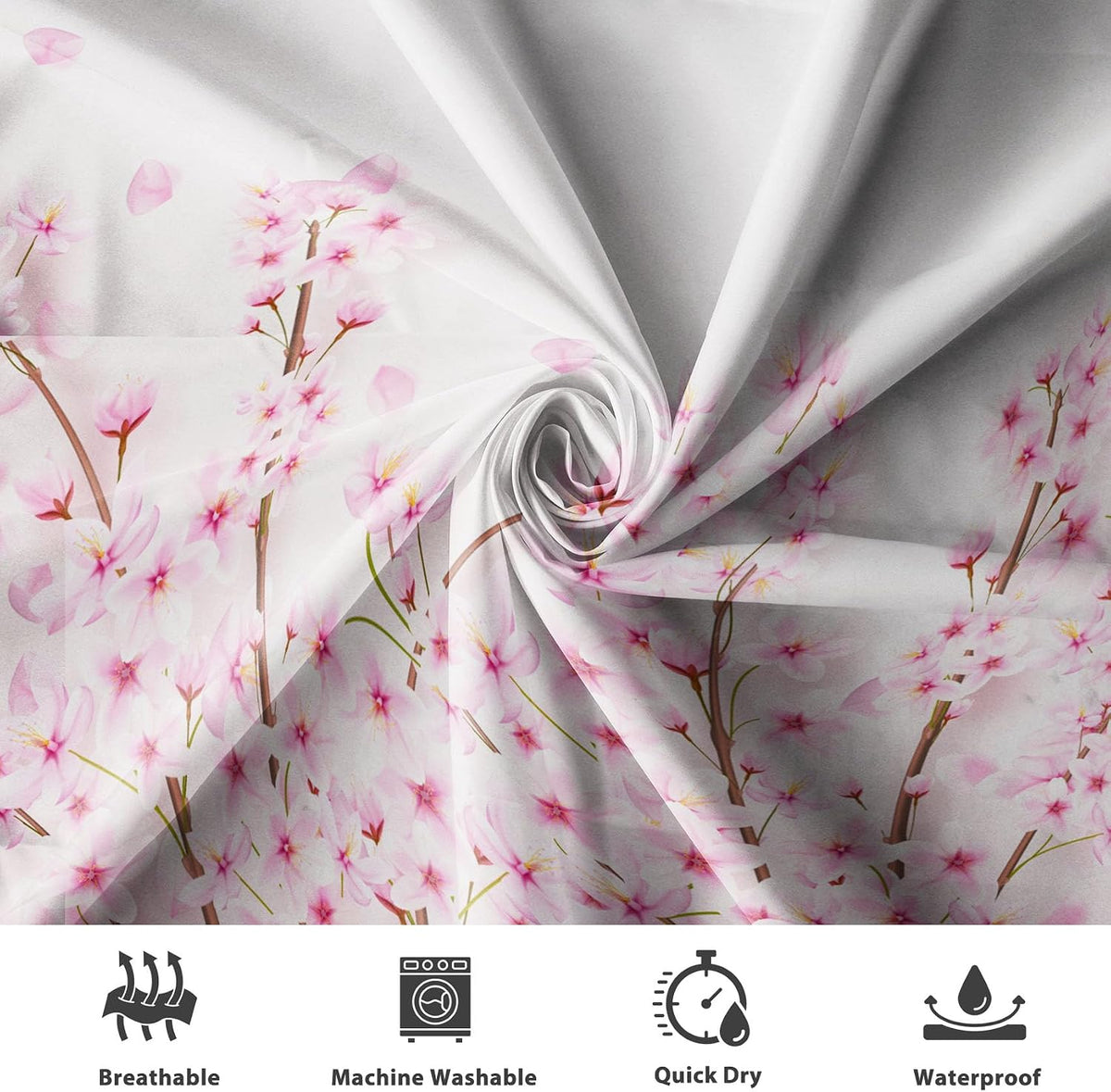 72x72 Inches Pink Cherry Blossom Shower Curtain Spring Pink Peach Floral Branches with Flower Buds Fabric Bath Shower Curtains for Bathroom Decor Waterproof Polyester with Hooks