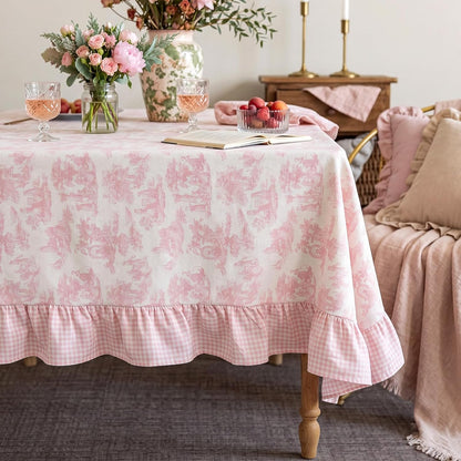 Pink Vintage French Country Tablecloth, 60 x 120'' Ruffled Table Cloth