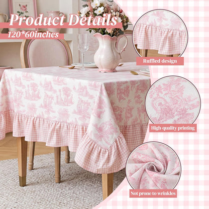 Pink Vintage French Country Tablecloth, 60 x 120'' Ruffled Table Cloth