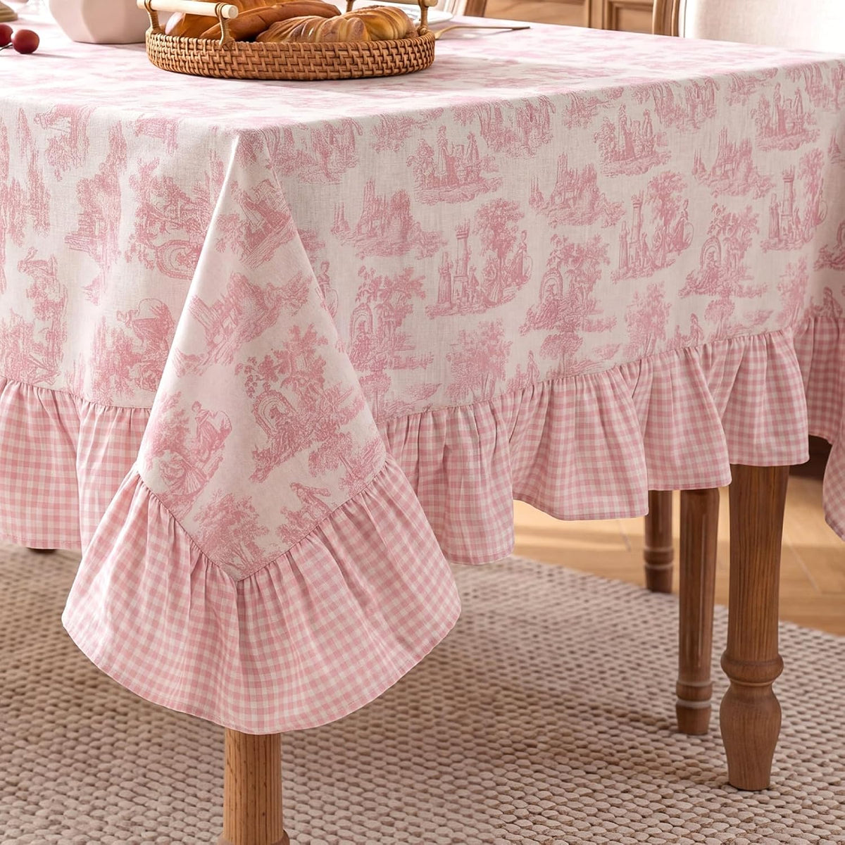 Pink Vintage French Country Tablecloth, 60 x 120'' Ruffled Table Cloth