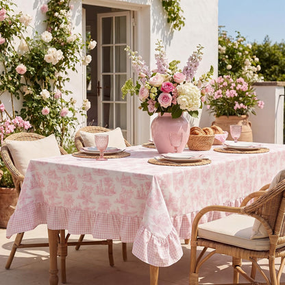 Pink Vintage French Country Tablecloth, 60 x 120'' Ruffled Table Cloth