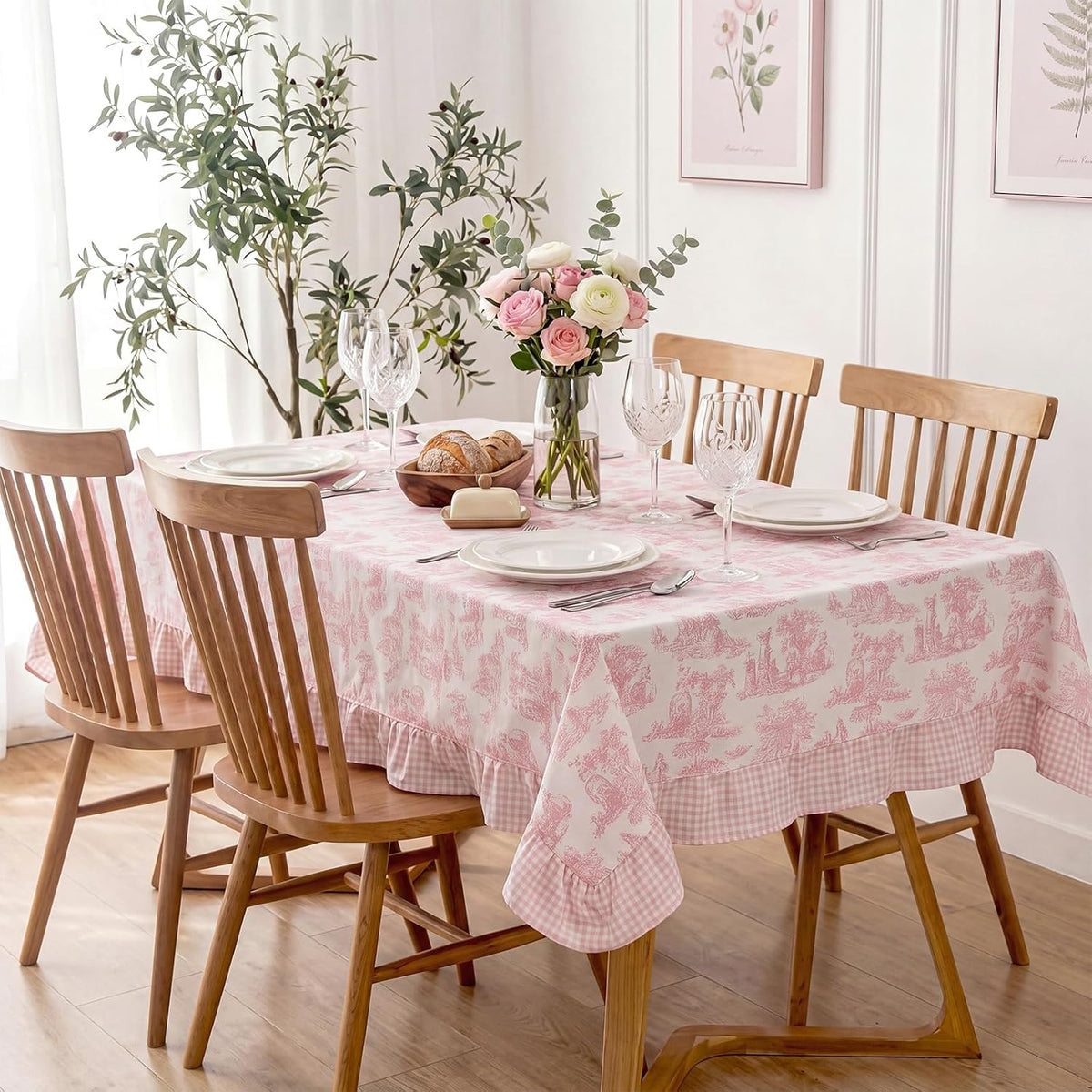 Pink Vintage French Country Tablecloth, 60 x 120'' Ruffled Table Cloth