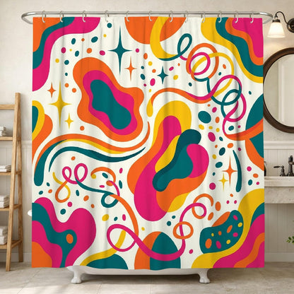 Swirls Shower Curtain, Modern Abstract Dots Curves Summer Peach Polyester Waterproof Design Print Bath Curtains for Bathroom Bathtub Apartment Decor 72x72 Inch