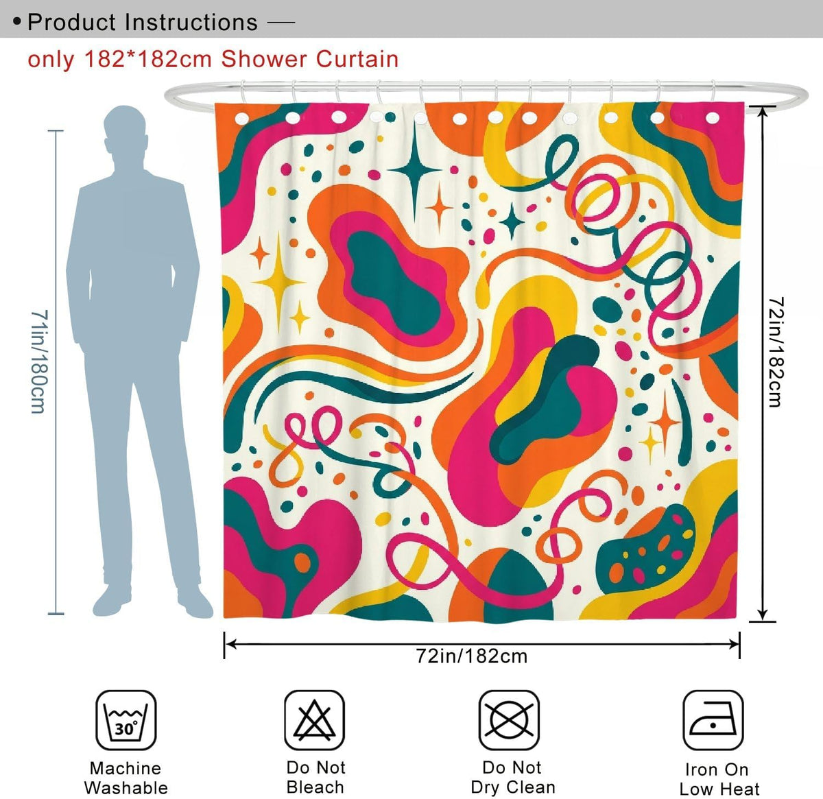 Swirls Shower Curtain, Modern Abstract Dots Curves Summer Peach Polyester Waterproof Design Print Bath Curtains for Bathroom Bathtub Apartment Decor 72x72 Inch
