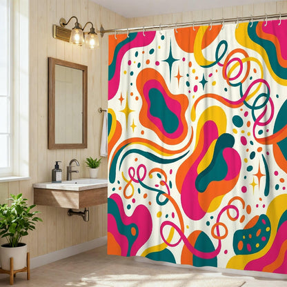 Swirls Shower Curtain, Modern Abstract Dots Curves Summer Peach Polyester Waterproof Design Print Bath Curtains for Bathroom Bathtub Apartment Decor 72x72 Inch
