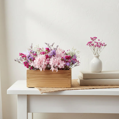 DIY Dried Flower Arrangement Kit in Rustic Wooden Box - Pink Botanical Home Decor Craft Set