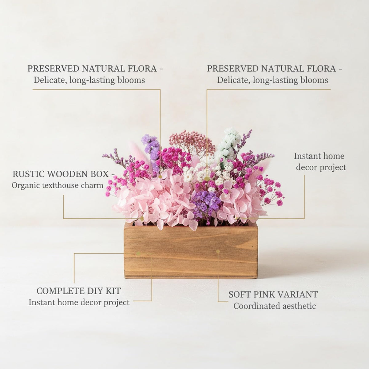 DIY Dried Flower Arrangement Kit in Rustic Wooden Box - Pink Botanical Home Decor Craft Set