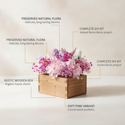 DIY Dried Flower Arrangement Kit in Rustic Wooden Box - Pink Botanical Home Decor Craft Set