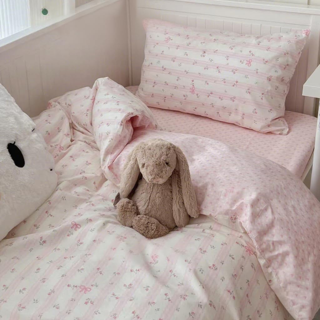 Pink Striped Duvet Cover Queen Reversible Floral Cute Heart Bedding